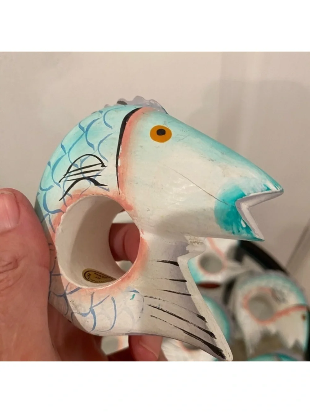 Vintage Hand Carved Fish Shaped Napkin Ring Holders